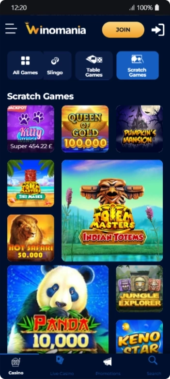Main menu casino Winomania